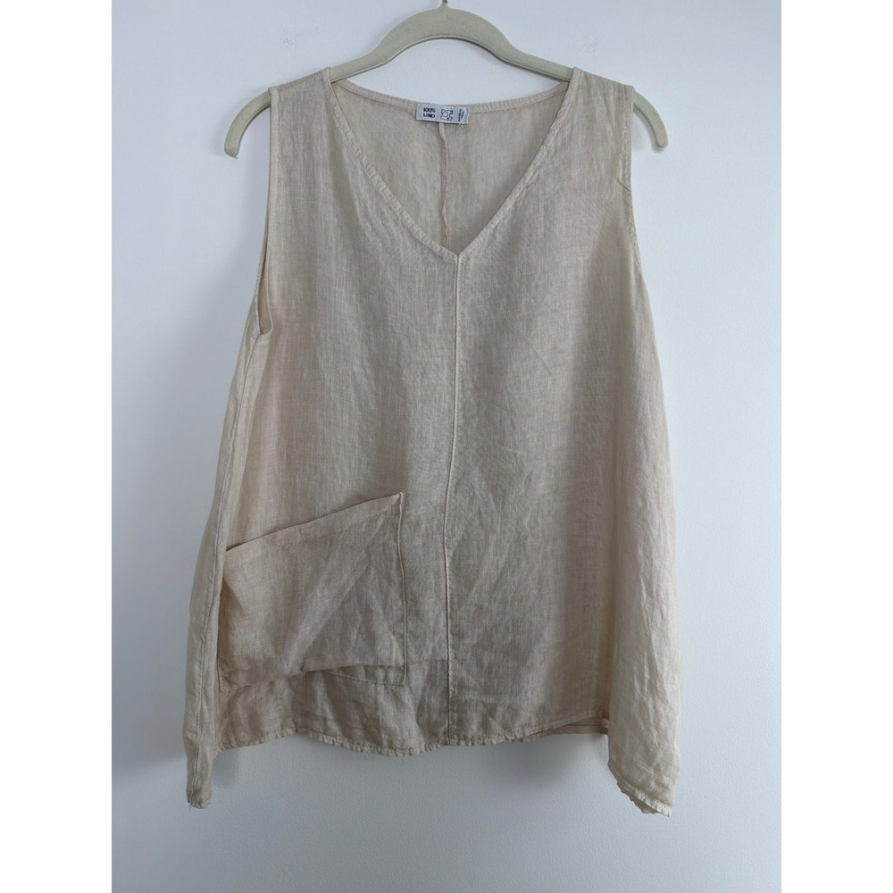 100% Lino Italian Linen Tank Top Size L Beige V-Neck Pocket Lagenlook Boho